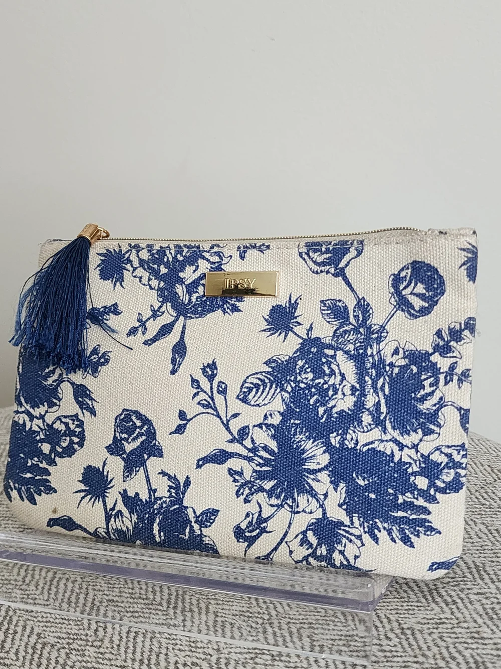 Ipsy Blue Floral Canvas Zip Pouch with Tassel